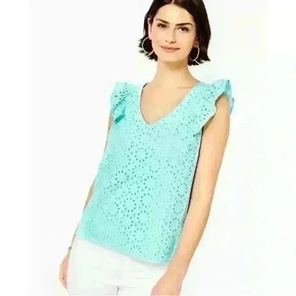 Lilly Pulitzer Aqua Blue Eyelet Ruffle V-Neck Lina Top - Picture 1 of 4